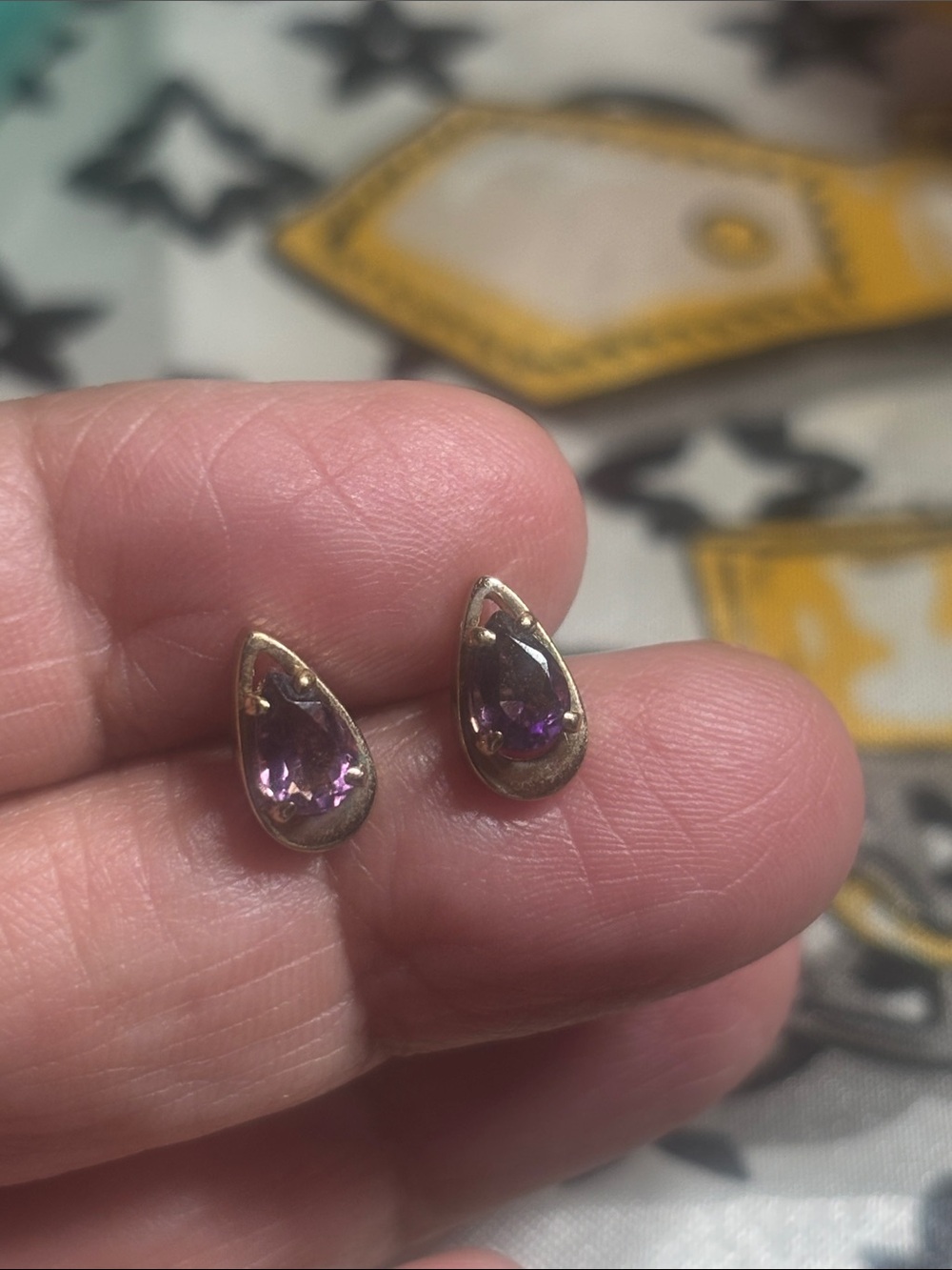 Gold Teardrop Stud Earrings with Purple Stones